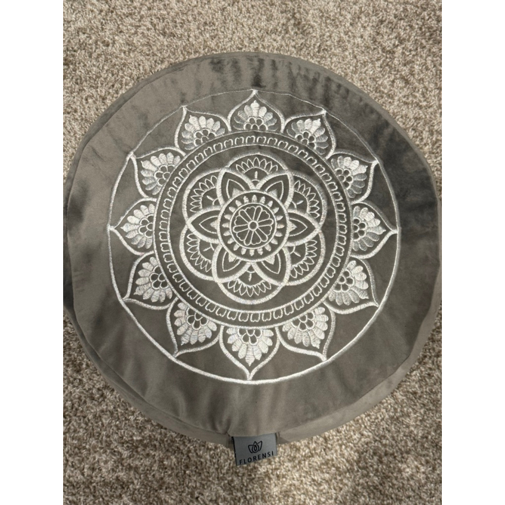 FLORENSI Gray & White Embroidered buckwheat zafu Mandala Round Pillow 14"